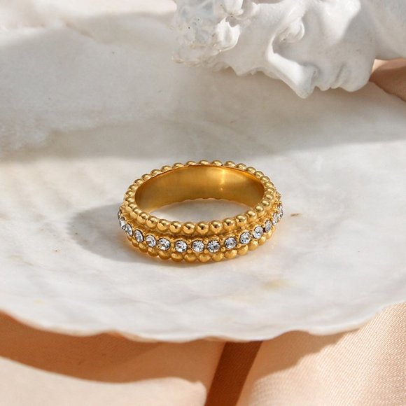 18K Gold Plated‎ Beaded Zircon Eternity Ring Stainless Steel - Picture 6 of 8